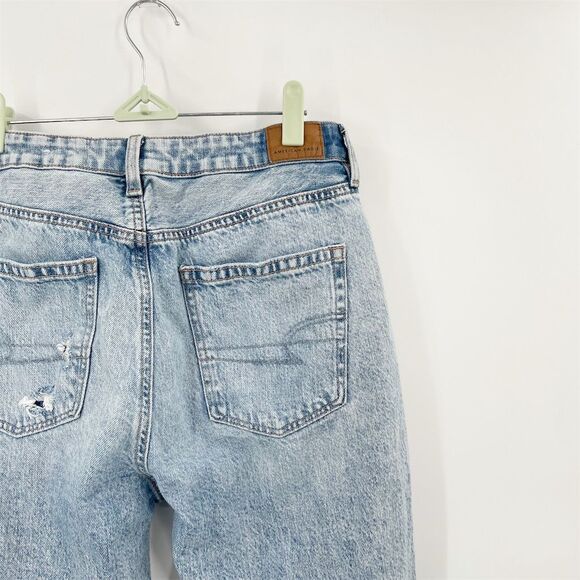 American Eagle Mom Straight Jean Size 10  Blue Light Wash Ripped Rigid Cotton - Picture 5 of 13